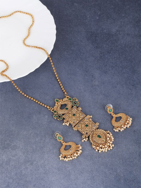 Antique Gold-Plated Temple Necklace Set with Intricate Pendant