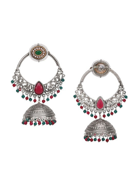 Oxidized Silver-Plated Jhumka Earrings with Red & Green Beads