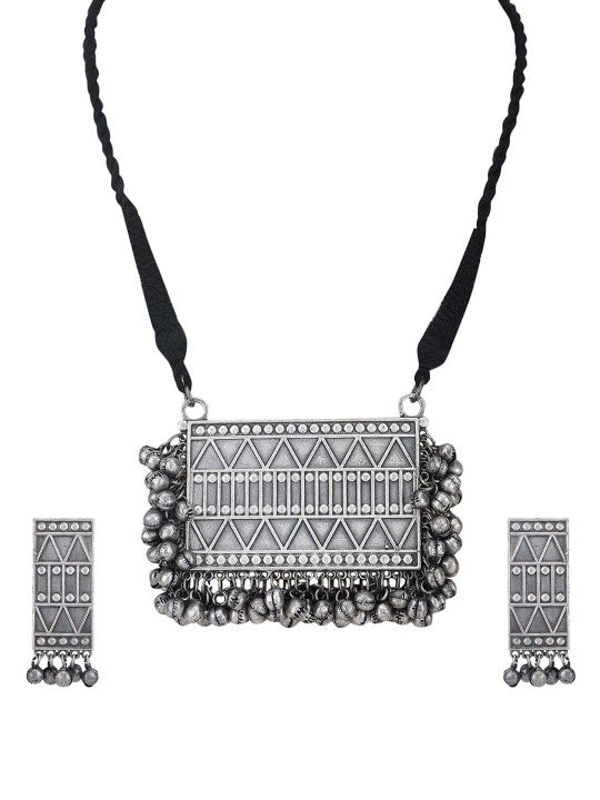 Oxidised Silver Geometric Tribal Necklace & Earrings Set for Women