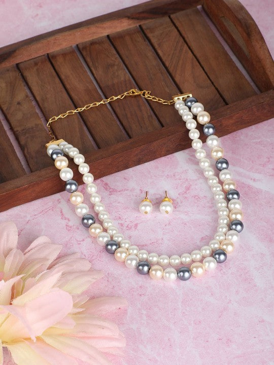 Gold-Plated Multicolor Round Pearl Necklace Set