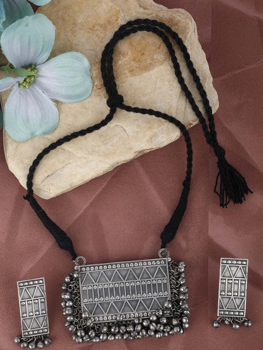 Oxidised Silver Geometric Tribal Necklace & Earrings Set for Women