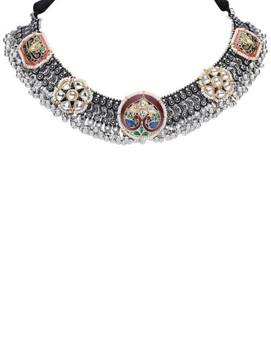 Kundan & Meenakari Oxidised Necklace Set with Stud Earrings