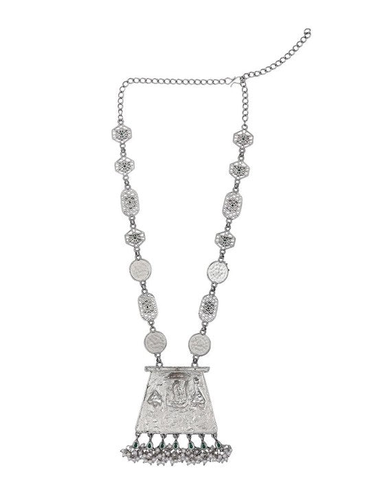 Oxidised Silver Necklace Set with Green Accents & Dangle Earrings