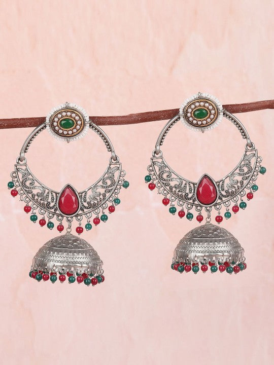 Oxidized Silver-Plated Jhumka Earrings with Red & Green Beads