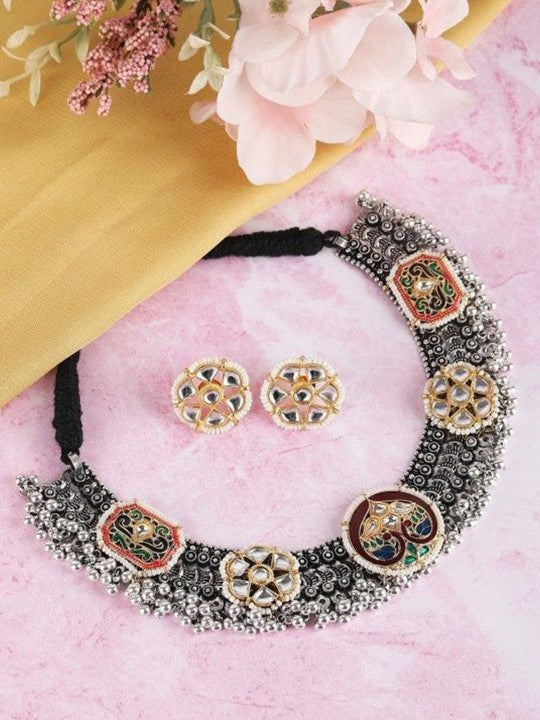 Kundan & Meenakari Oxidised Necklace Set with Stud Earrings