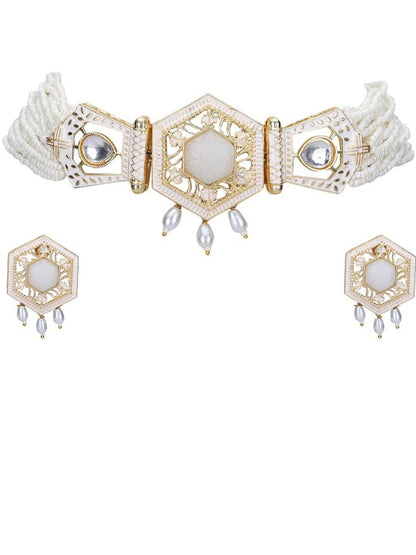 Gold-Plated Kundan Choker Necklace Set with White Pearls