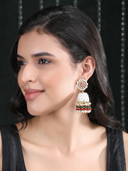 Gold-Plated Kundan Studded & Beads Beaded Contemporary Jhumkas