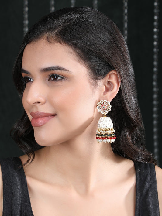 Gold-Plated Kundan Studded & Beads Beaded Contemporary Jhumkas