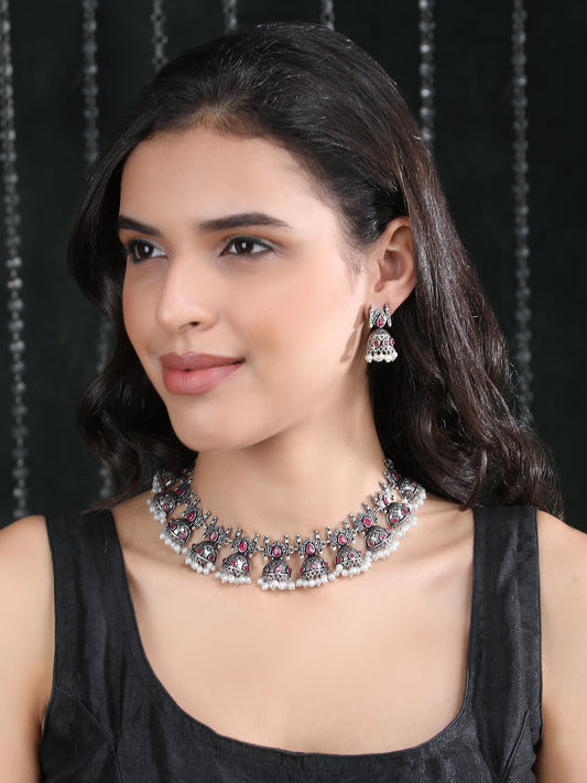 Oxidised Pink and Grey Necklace Set – Traditional Jhumka Design