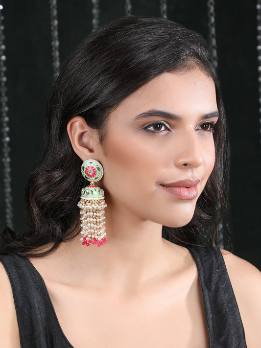 Gold-Plated Stone-Studded & Beaded Contemporary Jhumkas