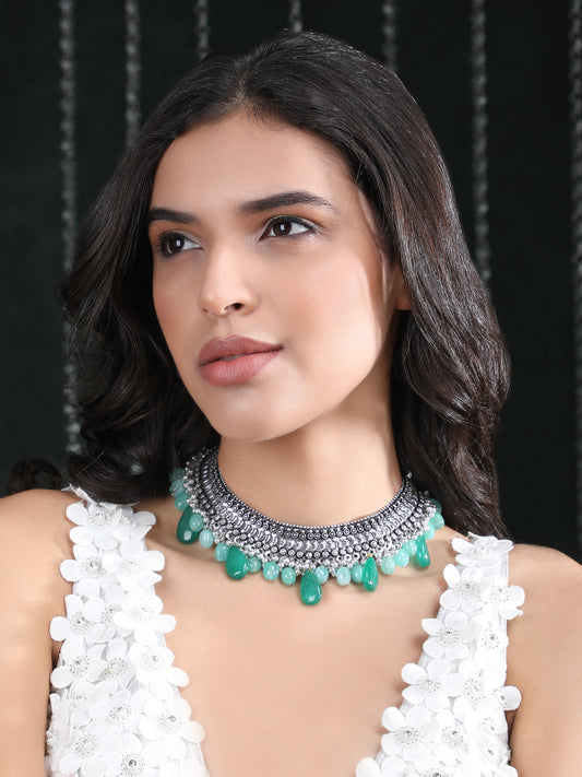 Oxidised Green and Grey Necklace – Ethnic Statement Jewelry