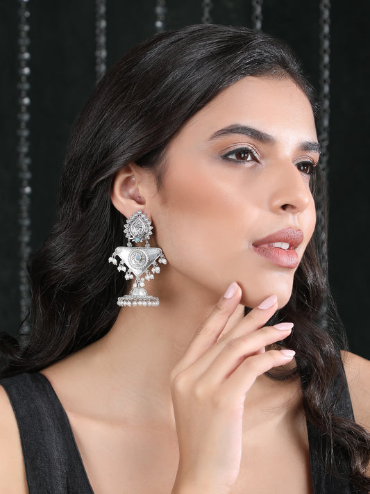 Elegant Oxidised Grey Statement Earrings with Pearl Detailing