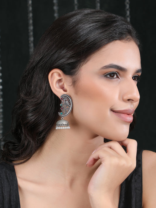 Classic Oxidized Silver Jhumka Earrings with Green & Red Stones