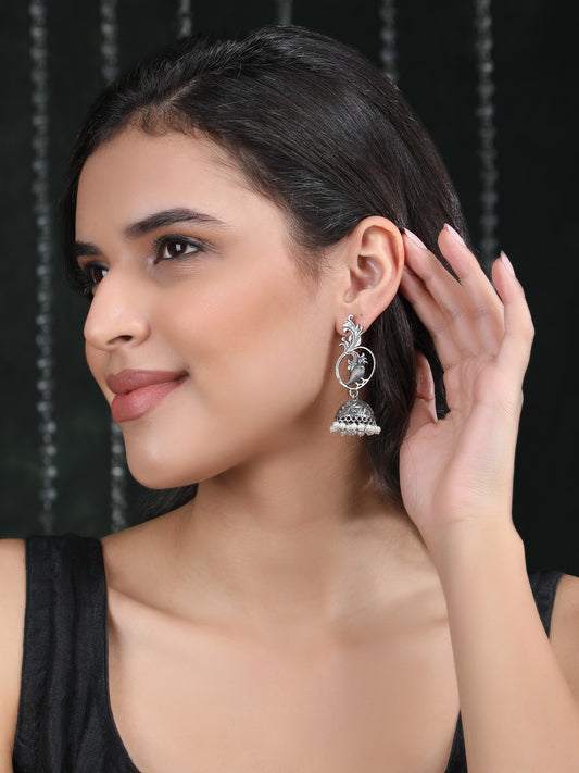 Buy Silver Jhumka Earrings with Peacock Design