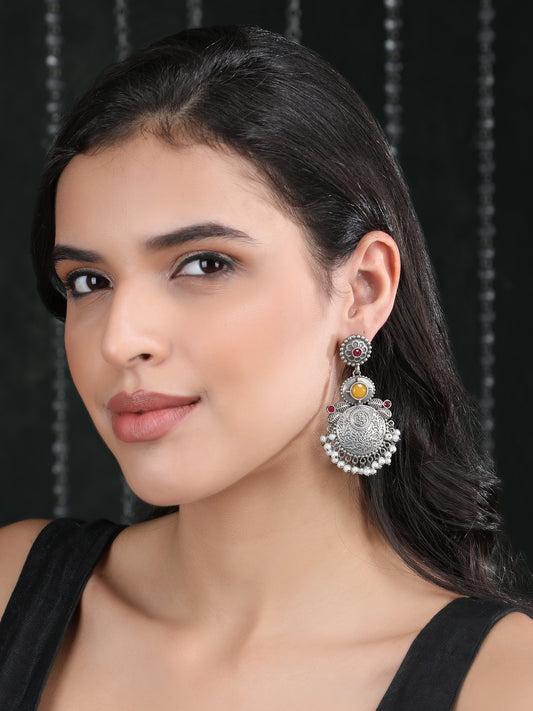 Elegant Oxidized Silver Earrings with Red & Yellow Stones