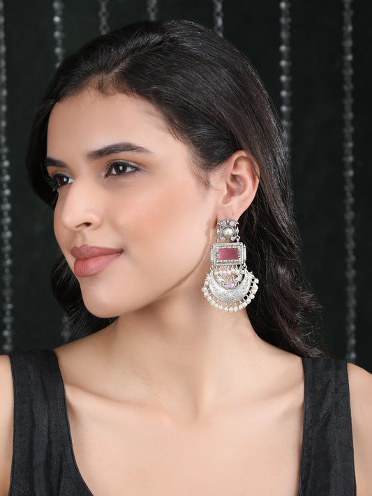 Classic Oxidised Pink Chandbali Earrings with Pearl Drops