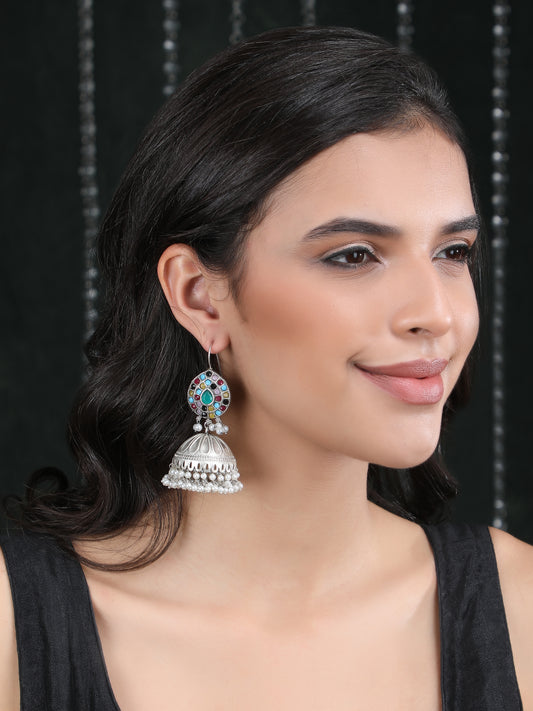 Oxidised Multi-Colour Jhumka Earrings with Pearl Drops