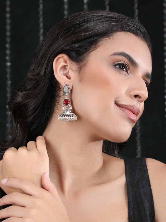 Classic Oxidised Red Jhumka Earrings with Pearl Drops