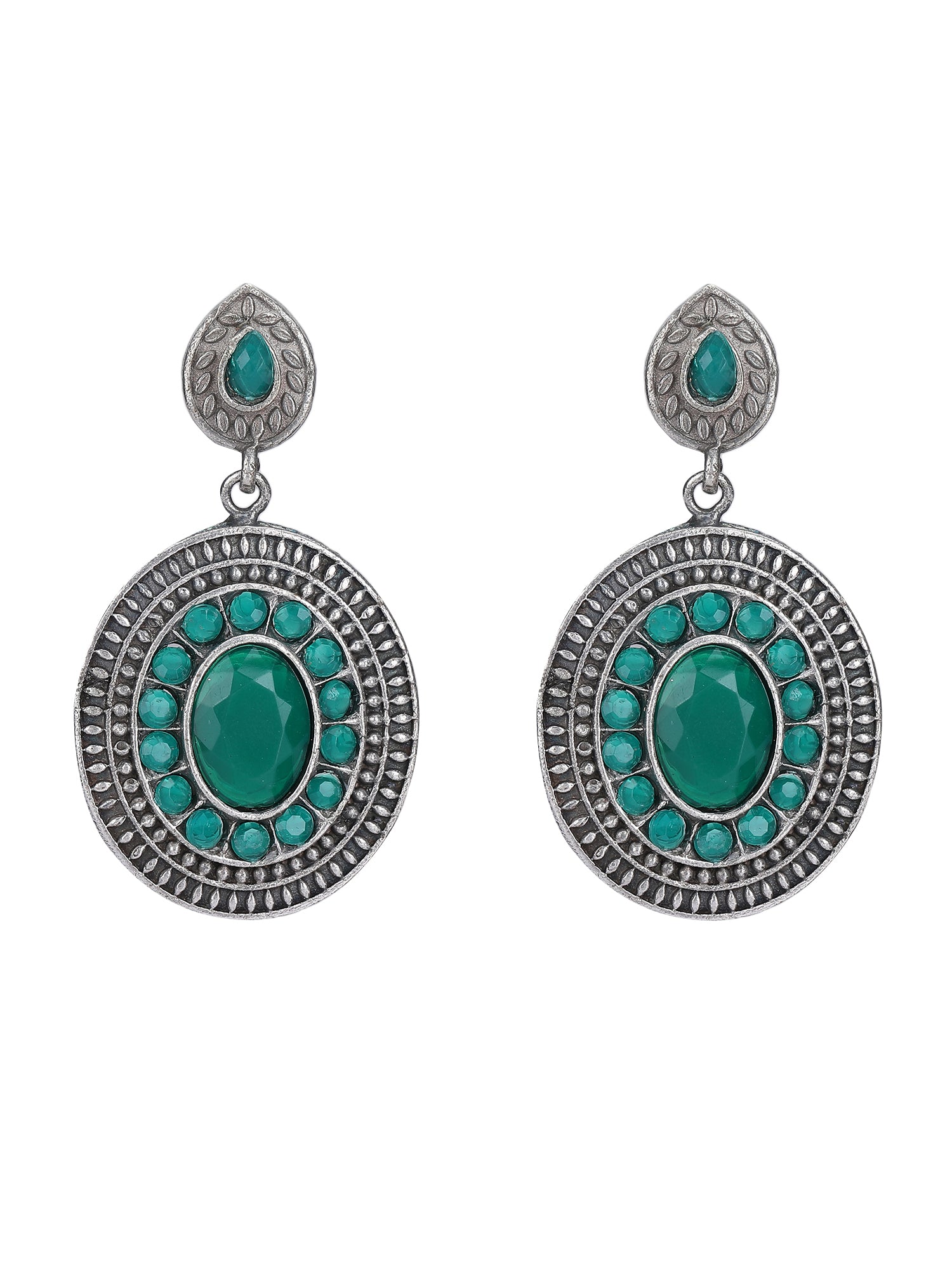 Classic Oxidised Earrings with Green Stone Embellishments