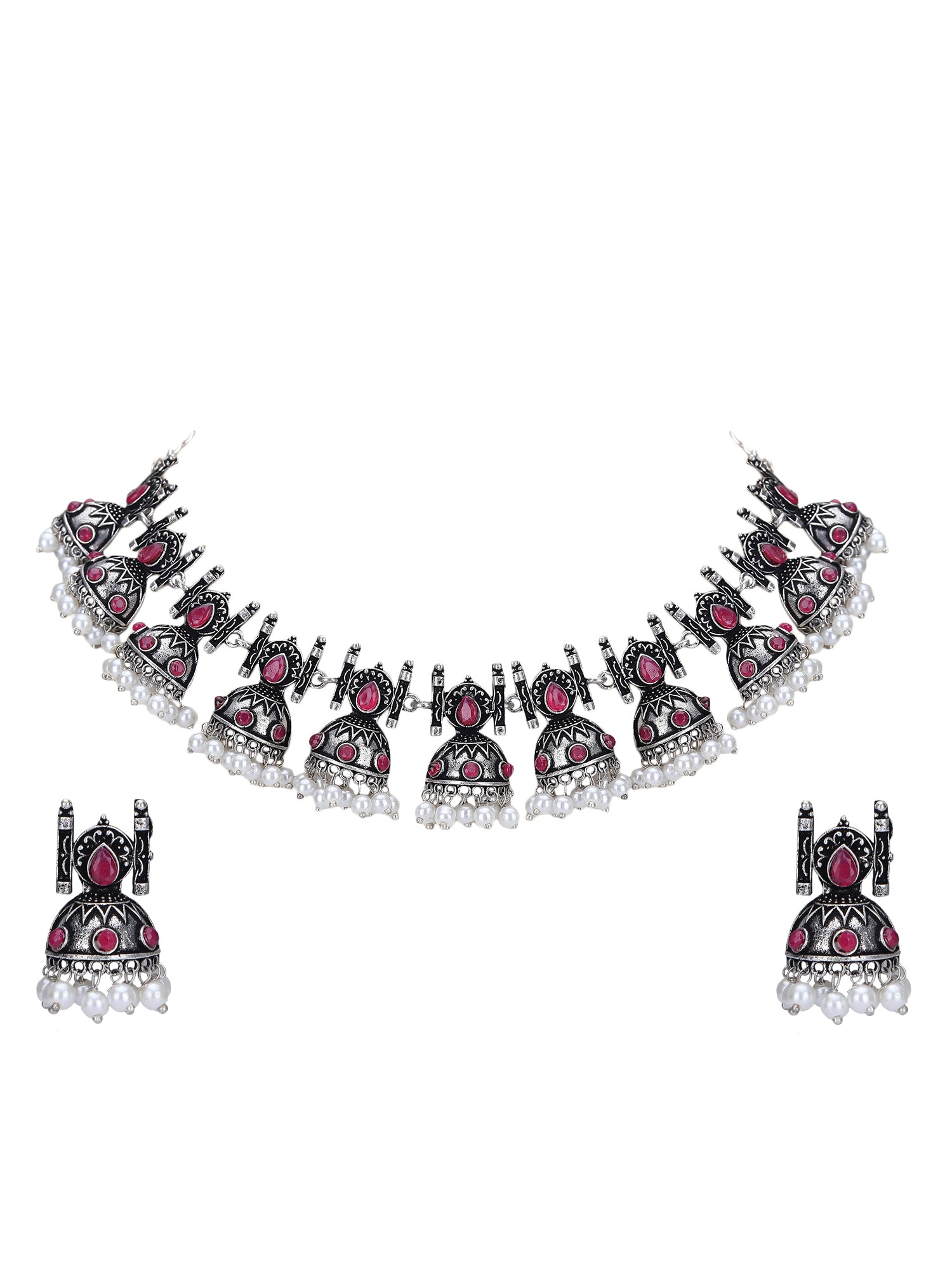 Oxidised Pink and Grey Necklace Set – Traditional Jhumka Design