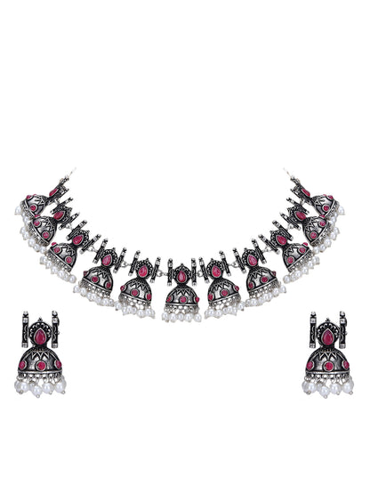 Oxidised Pink and Grey Necklace Set – Traditional Jhumka Design