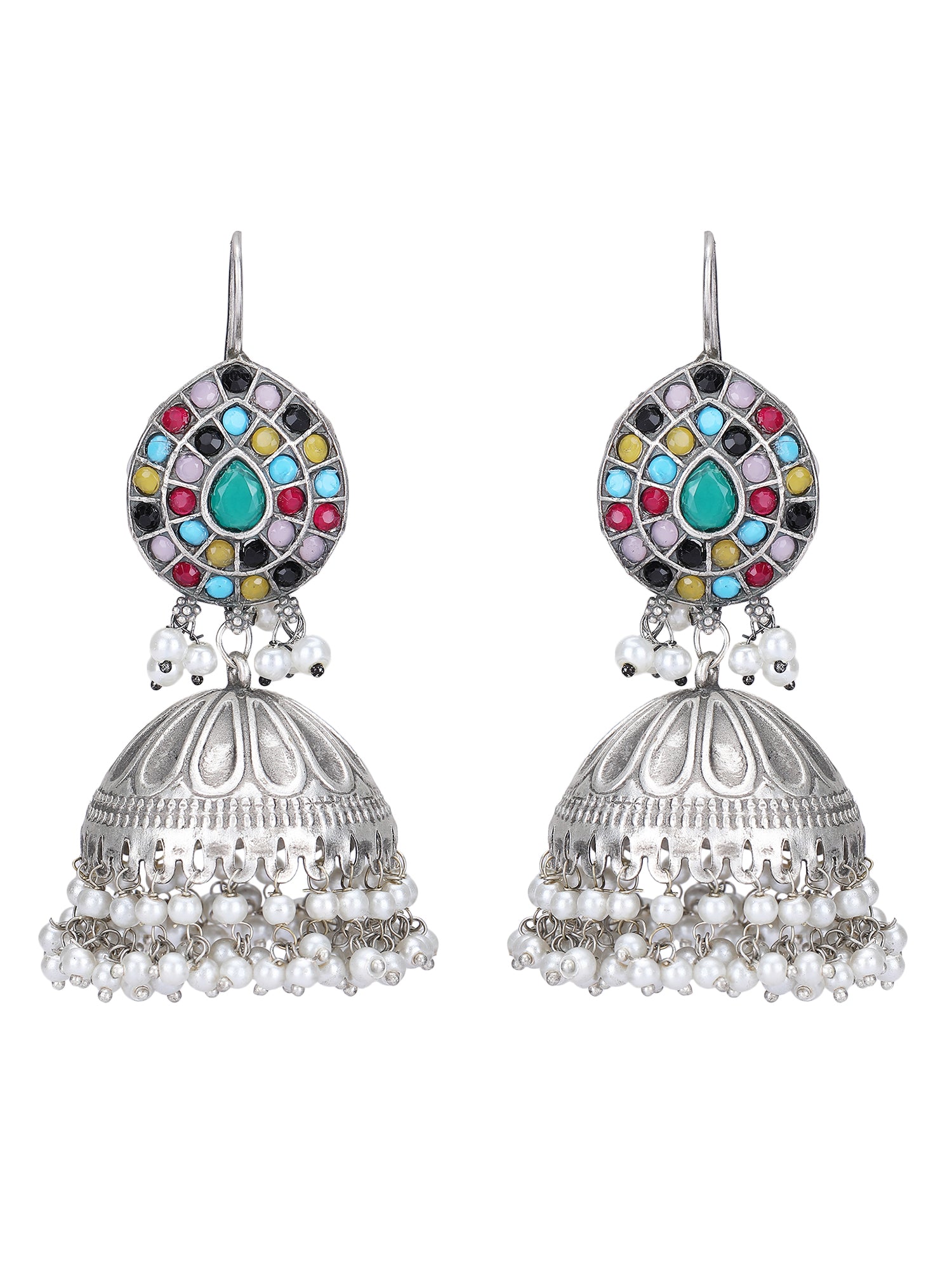 Oxidised Multi-Colour Jhumka Earrings with Pearl Drops