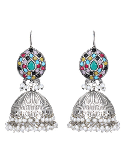 Oxidised Multi-Colour Jhumka Earrings with Pearl Drops