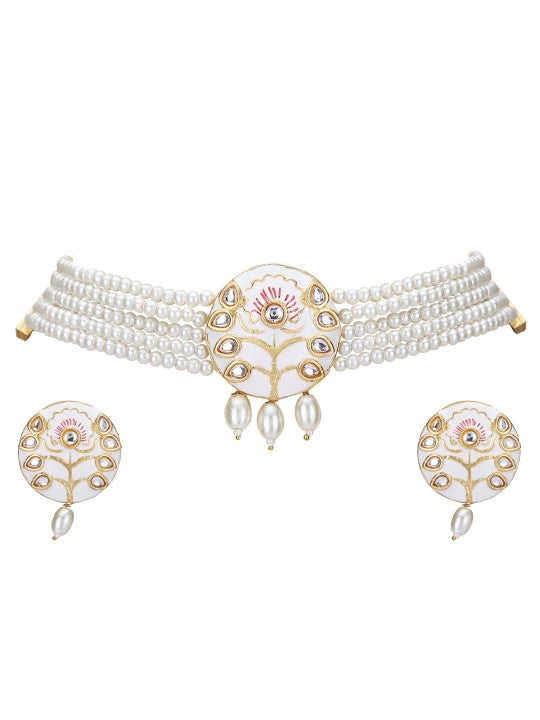 Gold-Plated White Kundan & Pearl Choker Necklace Set