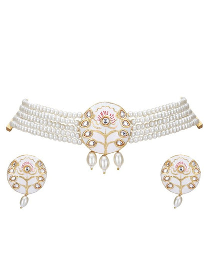 Gold-Plated White Kundan & Pearl Choker Necklace Set