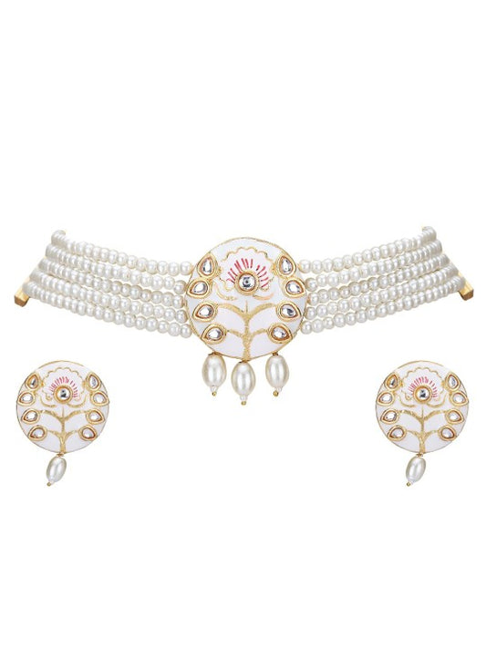 Gold-Plated White Kundan & Pearl Choker Necklace Set