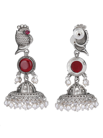Classic Oxidised Red Jhumka Earrings with Pearl Drops