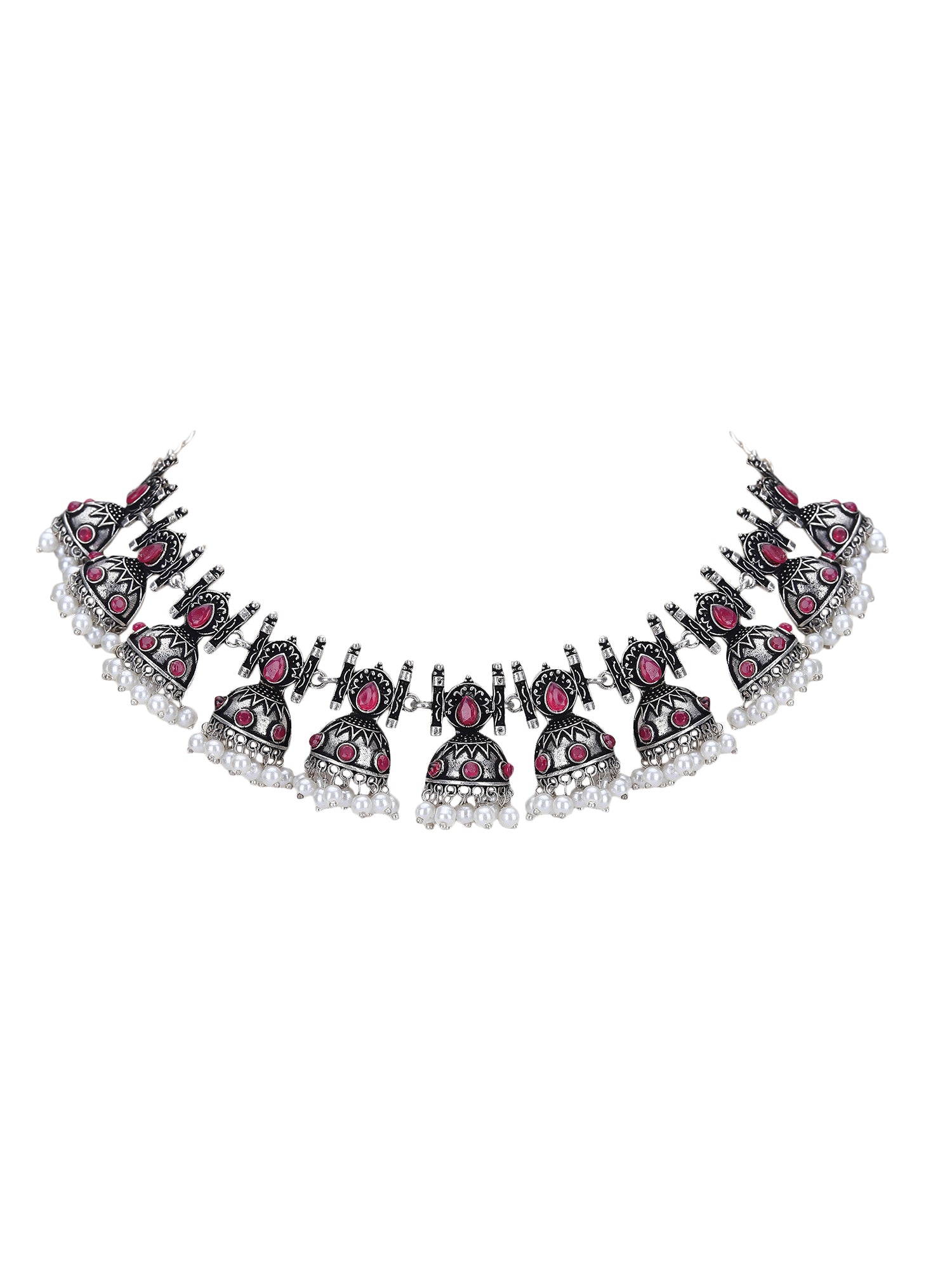 Oxidised Pink and Grey Necklace Set – Traditional Jhumka Design