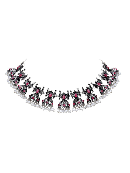 Oxidised Pink and Grey Necklace Set – Traditional Jhumka Design