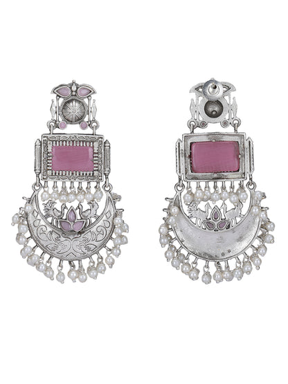 Classic Oxidised Pink Chandbali Earrings with Pearl Drops