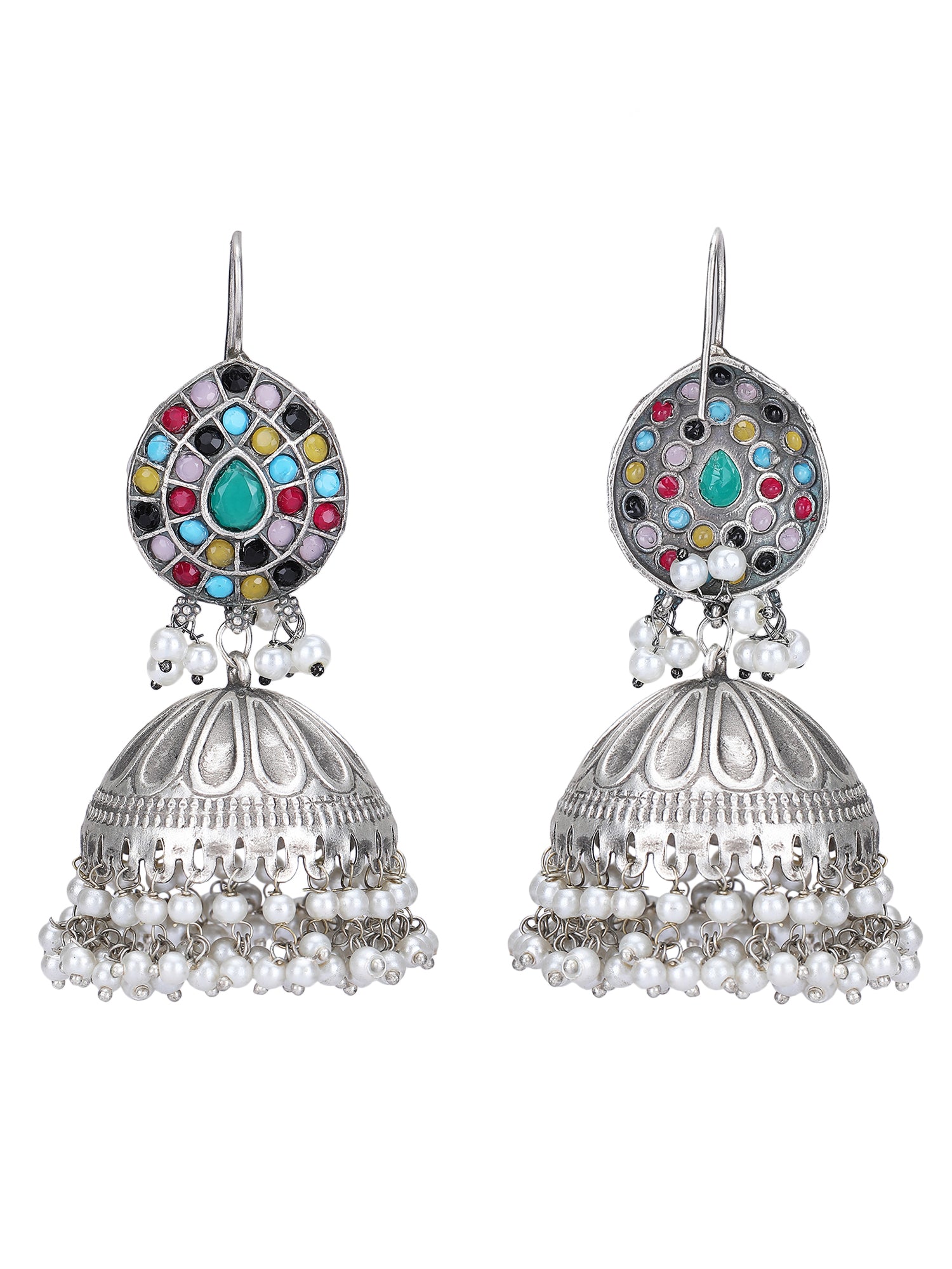 Oxidised Multi-Colour Jhumka Earrings with Pearl Drops