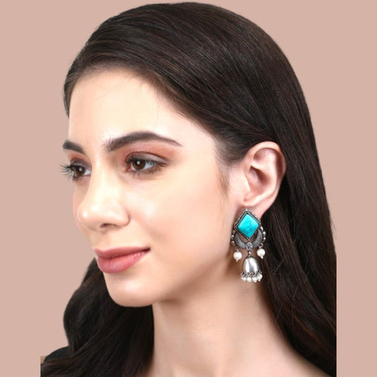 Silver Plated Artificial Stones-Studded And Beads-Beaded Oxidised Drop Earring
