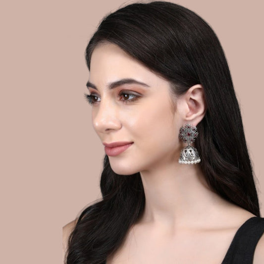 Silver-Toned & Red Silver-Plated Stones Studded Dome Shaped Oxidised Jhumkas