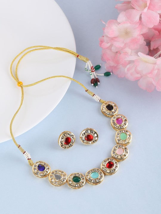 Gold Plated Kundan Multi-Color Stone Necklace Set