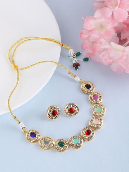Gold Plated Kundan Multi-Color Stone Necklace Set