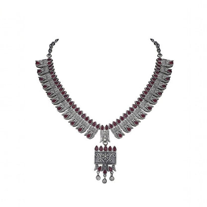 Tribal Oxidized Silver-Plated Necklace Set Featuring Red Stone Embellishments and Dangling Drop Earrings