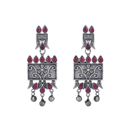 Tribal Oxidized Silver-Plated Necklace Set Featuring Red Stone Embellishments and Dangling Drop Earrings