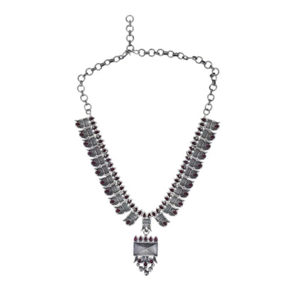 Tribal Oxidized Silver-Plated Necklace Set Featuring Red Stone Embellishments and Dangling Drop Earrings