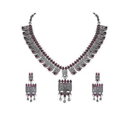 Tribal Oxidized Silver-Plated Necklace Set Featuring Red Stone Embellishments and Dangling Drop Earrings