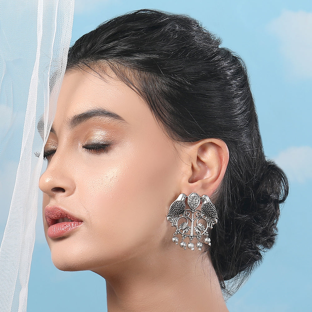 Oxidized Silver Twin Parrot Earrings