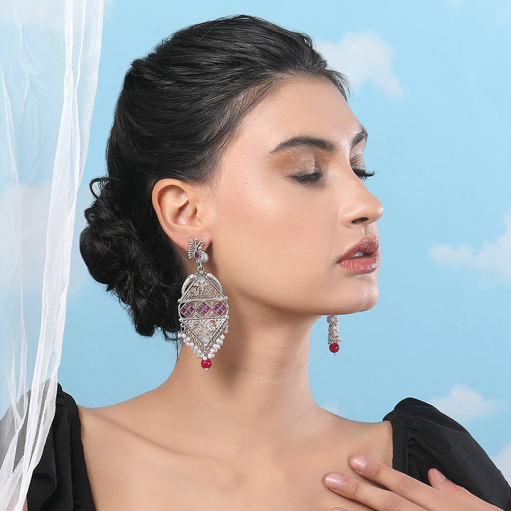 Oxidized Silver Peacock Chandbali Earrings