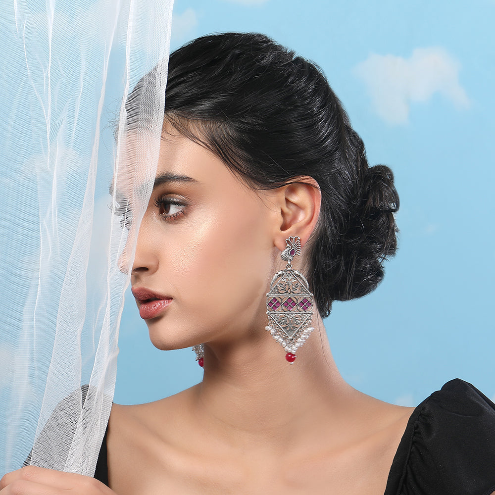 Oxidized Silver Peacock Chandbali Earrings