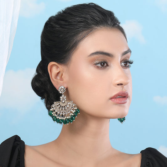 Royal Kundan & Green Beaded Chandbali Earrings