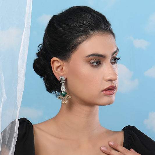 Antique Dual-Tone Tribal Earrings with Green Stone