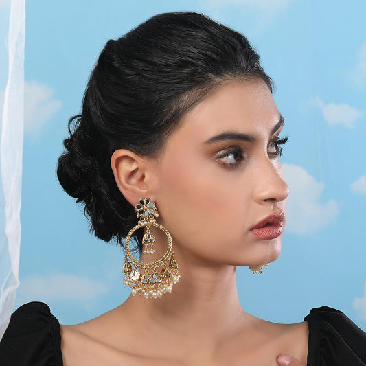 Gold-Tone Kundan Hoop Earrings with Pearl Drops