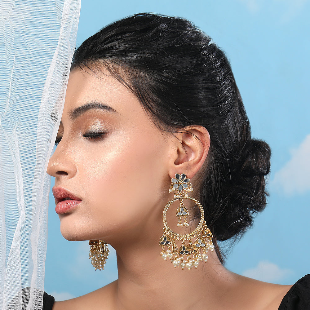 Gold-Tone Kundan Hoop Earrings with Pearl Drops